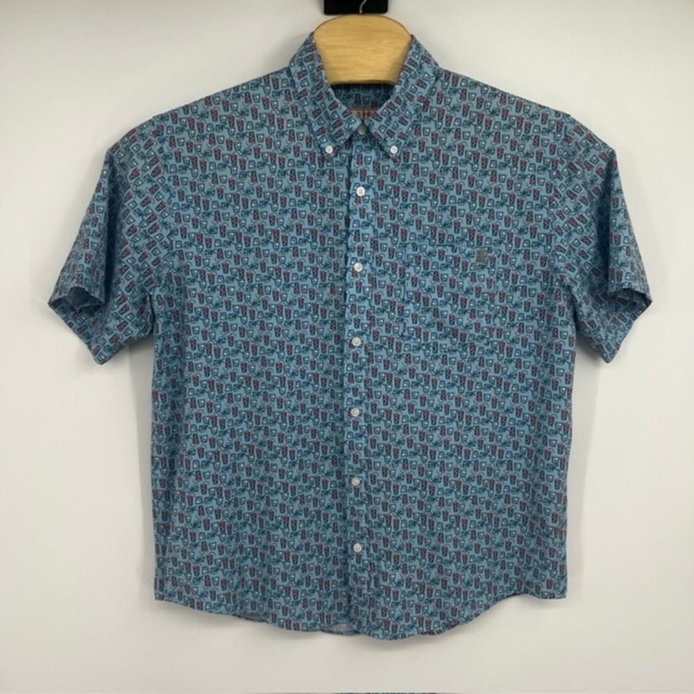 Huk Fishing Mens Large Blue Novelty Drink Print Short Sleeve Button Down Shirt